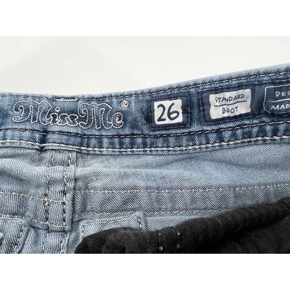 Miss Me Standard Boot Jeans 26 Wing Back Pocket Rhinestone Raw Hem Medium Wash - Picture 6 of 10